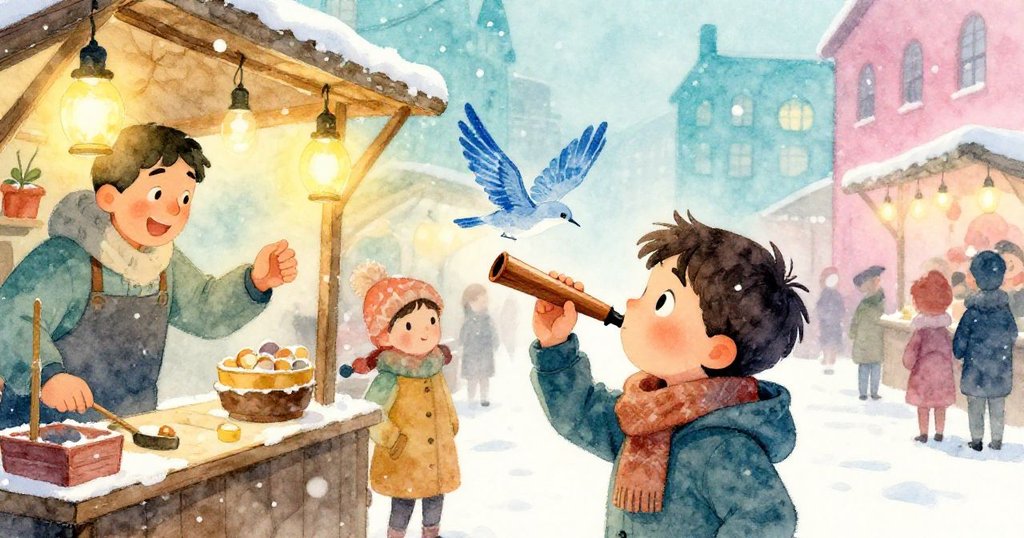 Milo與攤販互動，認真看著閃著藍色光澤的梨木鳥哨，市場熱鬧場景中透著溫暖燈光