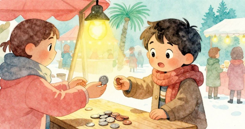 Milo與攤販在木桌前交換貨幣，桌上閃爍著銀幣與銅錢，臉上流露著些許期待和失落