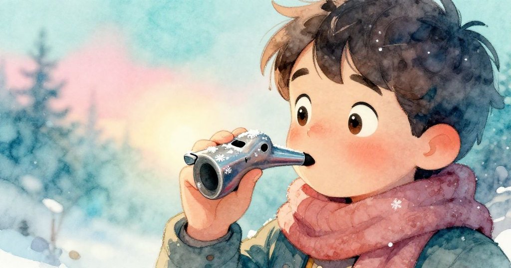 Milo輕輕吹著小鳥哨，特寫展現哨子的裂痕與雪花裝飾，畫面充滿冬日靜謐與細膩情感