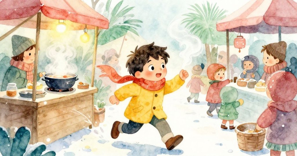Milo快步走向冒著蒸汽的熱湯攤位，攤販熱情揮手，背景充滿溫暖燈光與熱湯香氣
