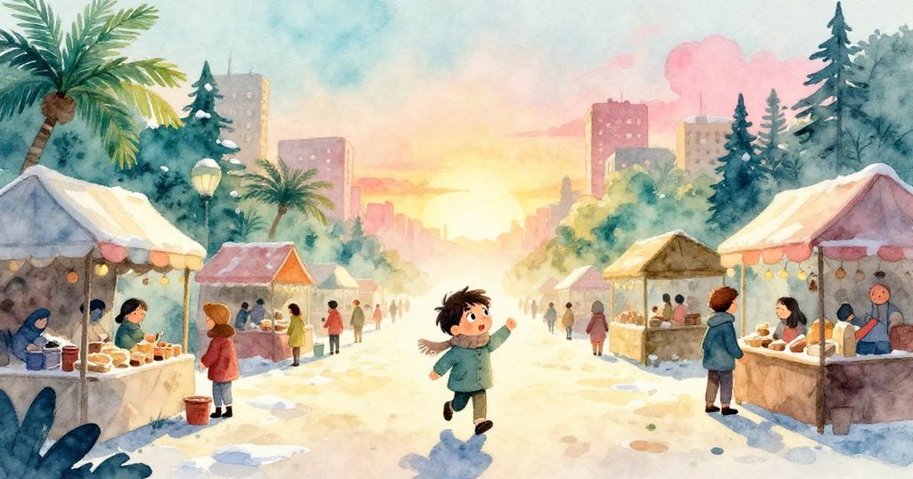 Milo離開繁忙市場走上開闊小徑，夕陽餘暉映照臉上希望，背景展現冬日城市與自然交織風光