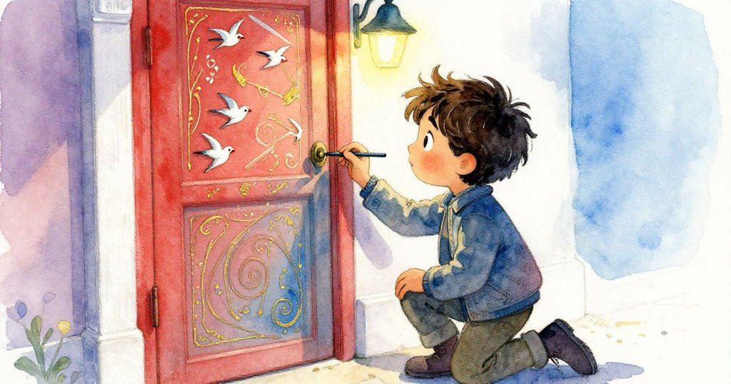 羅文坐在精美彩繪門前，專心揮動鉛筆在畫本上描繪旋轉金粉與雕刻燕子的細節，神情投入。