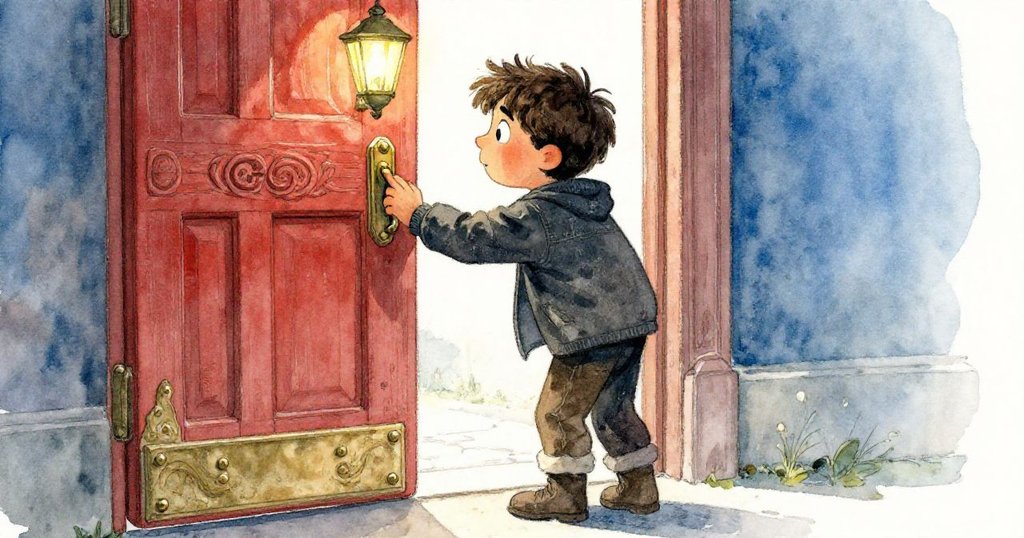 羅文伸手實際推動銅質門扣，面露堅定與驚訝，古老彩繪門細膩紋理在柔和燈光下展現。