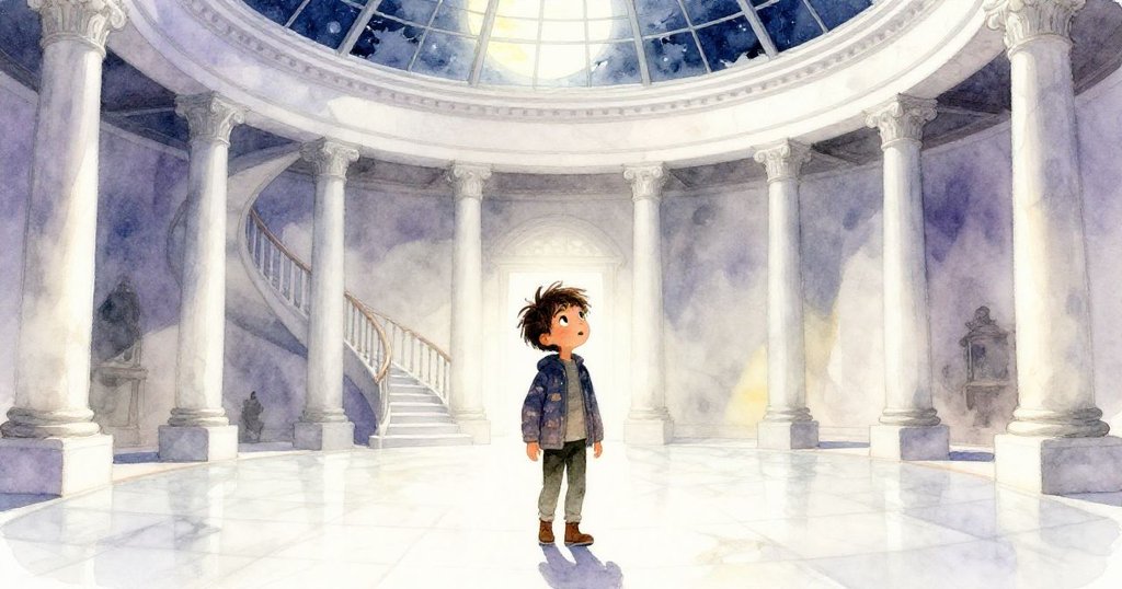 羅文踏入燈光斑駁的石製圓廳，月光透過破裂天窗灑在大理石地面與螺旋階梯上，目光充滿驚奇。