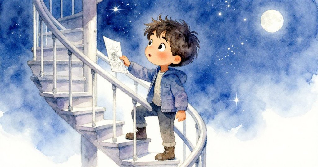 羅文攀登螺旋階梯，將畫本搭在欄杆上，凝神捕捉星空與古典石階交織的奇妙光影，滿臉專注驚嘆。