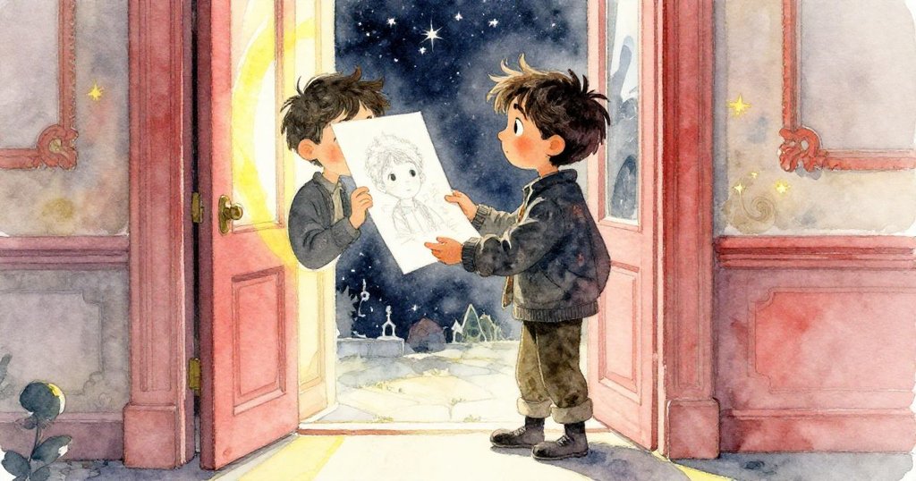 羅文站在敞開的門前，手握完成的畫作，溫柔交織的室內光與星空映照下，流露出滿足與惜別的情懷。