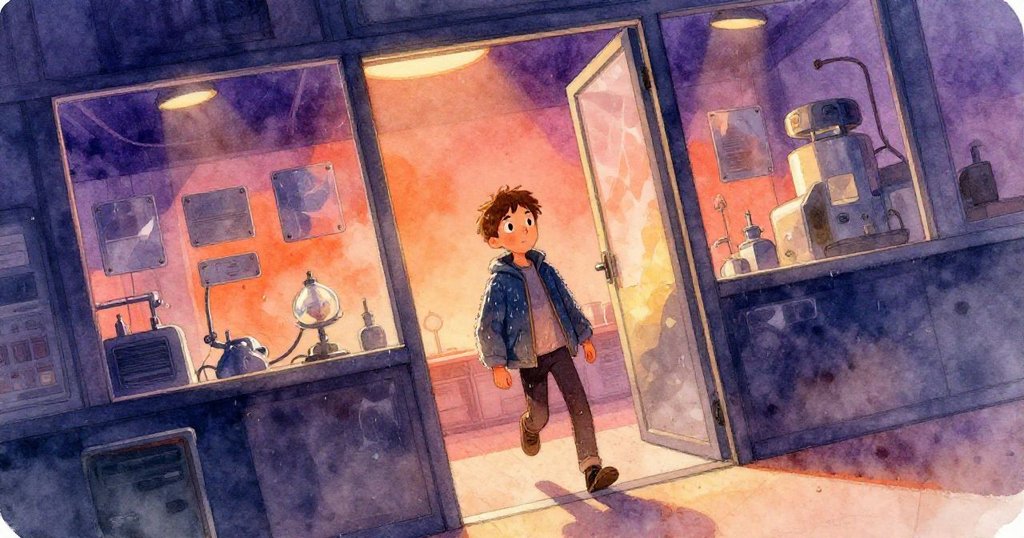 Harper 穿著濕外套踏入實驗室，金屬牌匾反射冷光，室內燈影扭曲，呈現神秘與緊張氣氛。