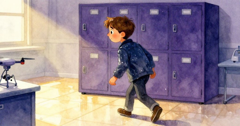 Harper 小心前行，腳步急促，地磚反射燈光映出無人機框架及堅固儲物櫃，氛圍充滿急切情感。