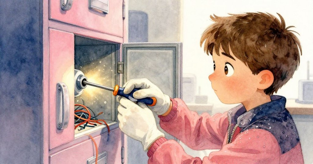 Harper 的手持螺絲刀輕撬儲物櫃，塵埃舞動照亮細節，展現解謎與專注的緊張情感。