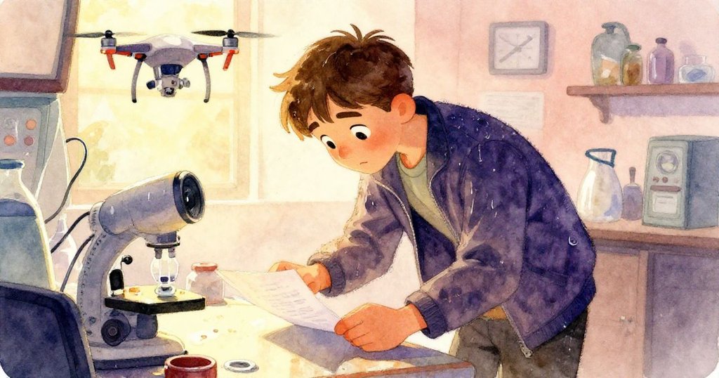 Harper 彎腰發現摺疊便條，眼中流露驚喜與期待，無人機碎片閃耀背景呈現工業實驗室氛圍。