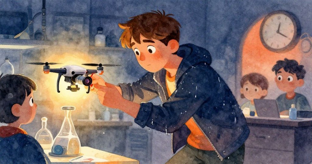 Harper 專注迅速將鏡頭裝回無人機，窗外時鐘急奔，手法穩健中流露緊迫與決心。