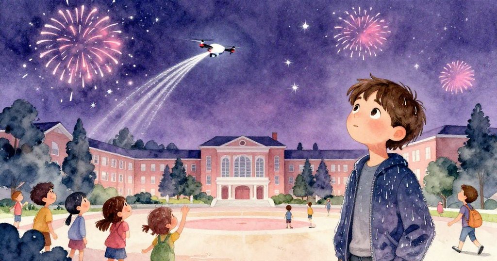 在月光籠罩的校園廣場，無人機隨煙火升空，銀光尾跡劃破夜空，學生歡聚中見證奇幻與滿足。