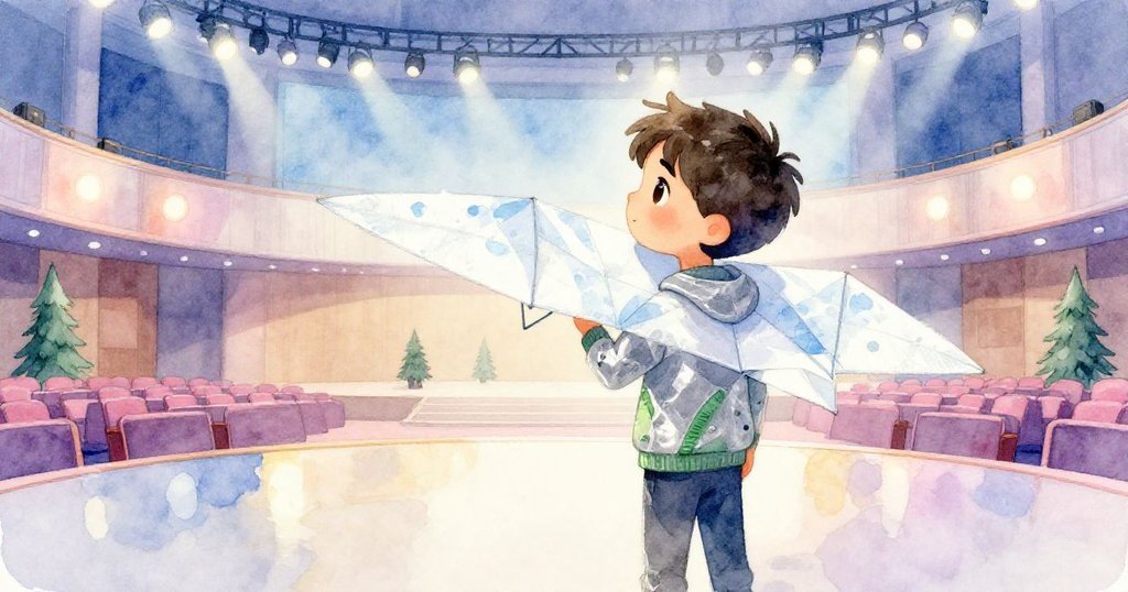 丹尼爾走進燈光璀璨的會議廳，手持紙飛機，環境映照著現代都市感，神情充滿期待與決心。