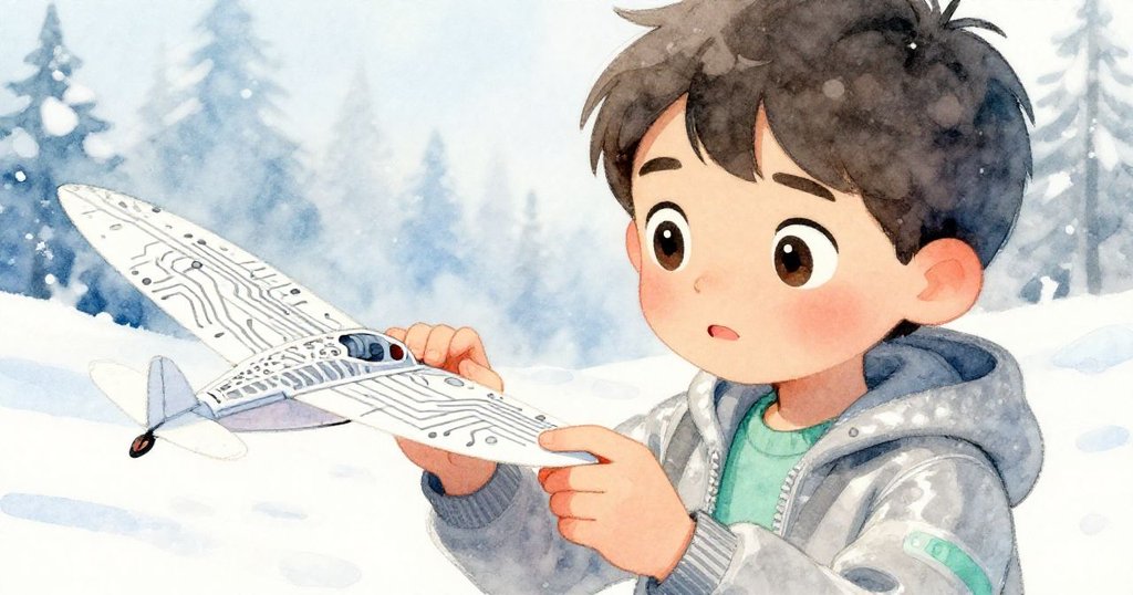 丹尼爾近距離檢查紙飛機上的微電路，眼神堅定，手中輕握著創意科技，背景柔和呈現會場一角。