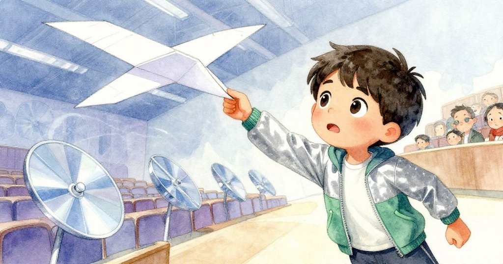 丹尼爾面對突吹氣流時努力穩住紙飛機，肘部因壓力僵硬，動態角度強調了科技與緊張情緒。