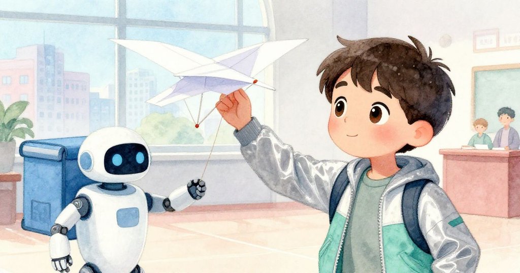 丹尼爾在會議廳內被配送機輕撞，紙飛機被彈起，他急忙伸手挽救創作，背景透露現代都市風貌。