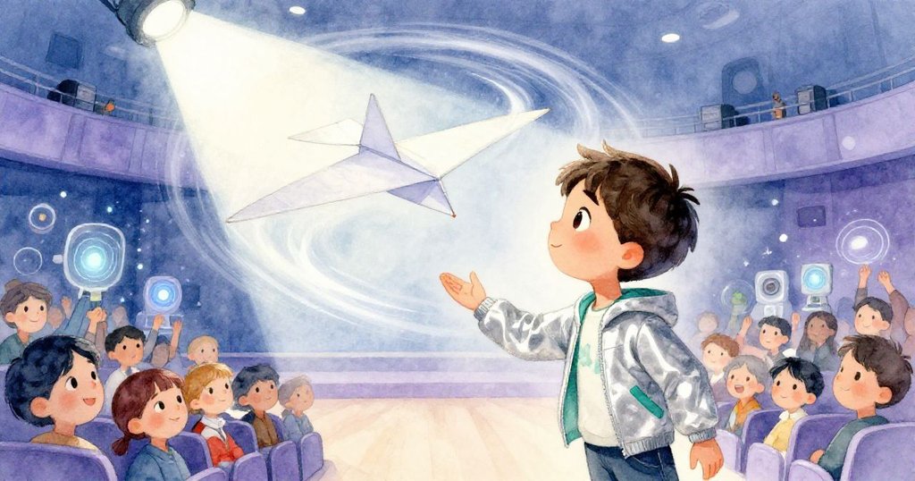 紙飛機在空中劃出完美螺旋，聚光燈追隨其軌跡，丹尼爾與觀眾皆露驚嘆與喜悅之情。