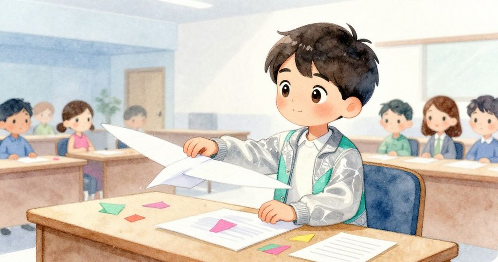 丹尼爾在評審桌旁彎腰調整紙飛機，彩紙碎片靜靜飄落，現場洋溢著成功創新與滿足的氣氛。