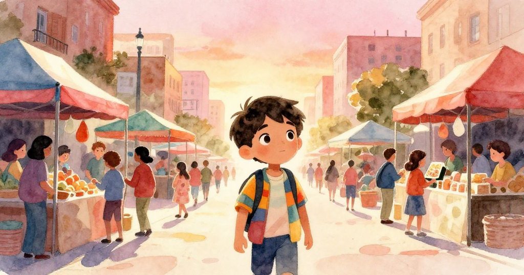米格爾穿過熙攘市集入口，眼中充滿期待，陽光灑落在繽紛攤位與忙碌人群中，展現冒險起始。