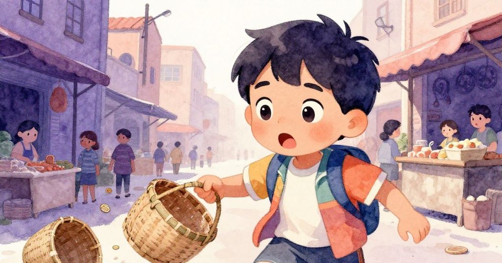 米格爾驚慌失措中蹲下撿起滾動的硬幣，竹籃翻倒，表情急切，周圍市場氛圍突顯意外事件。