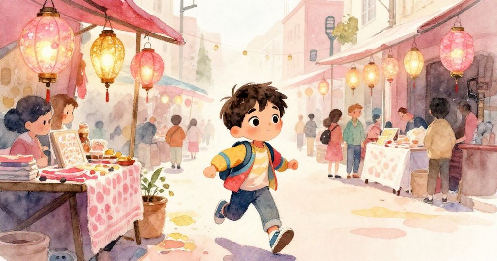米格爾背對視角急行市場，伸手追逐懸掛燈籠的布攤，緊張充滿期待，營造都市追夢氛圍。