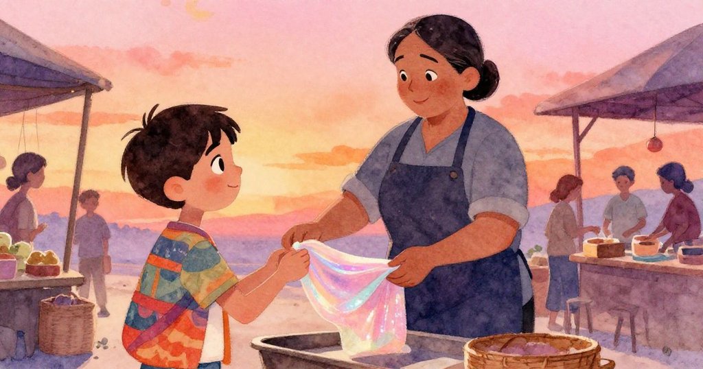 攤販微笑中將輕盈布條遞給米格爾，市場喧囂暫緩，彼此互動溫馨，充滿理解與暖意。