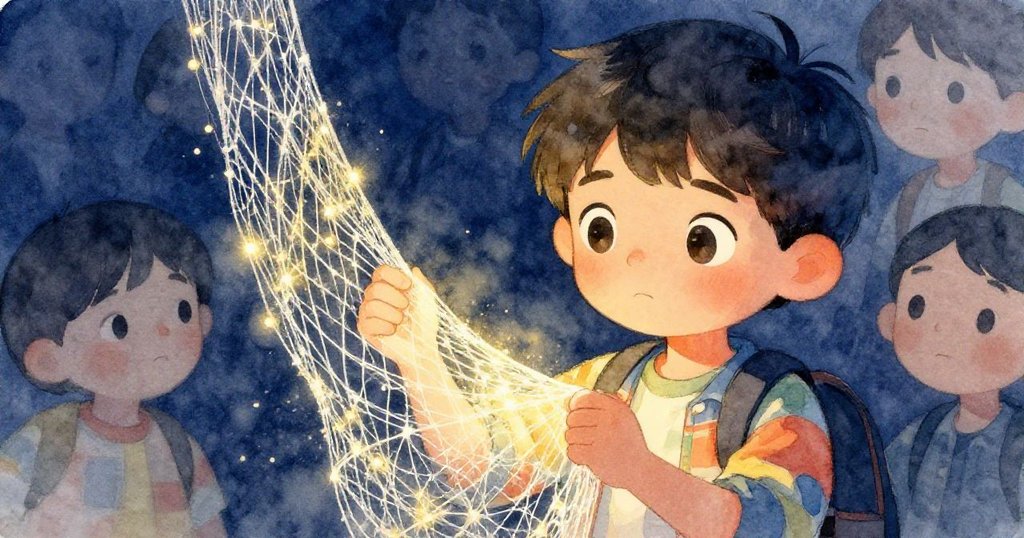 米格爾近拍手中輕薄布料，細節閃耀光芒，驚奇與欣喜溢於言表，市場背景已顯平靜。