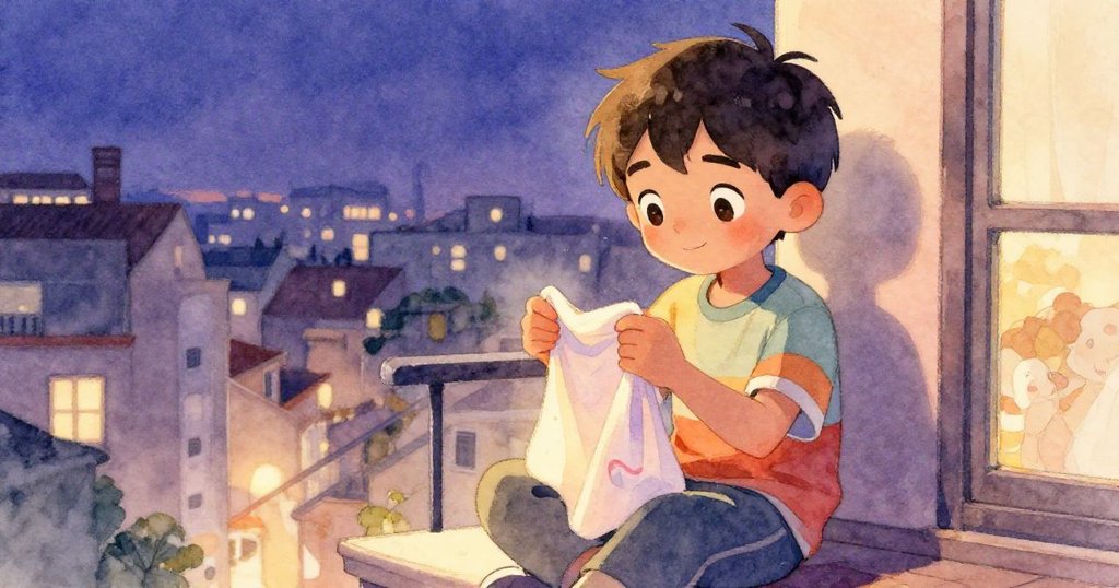 夜幕降臨，米格爾於陽台靜謐中折疊布條，臉上洋溢著溫柔笑容，心懷期待風箏高飛。