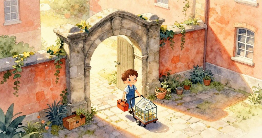 Milo 穿越石拱門進入老校院,手提工具箱,陽光灑落,充滿期待與冒險情感。