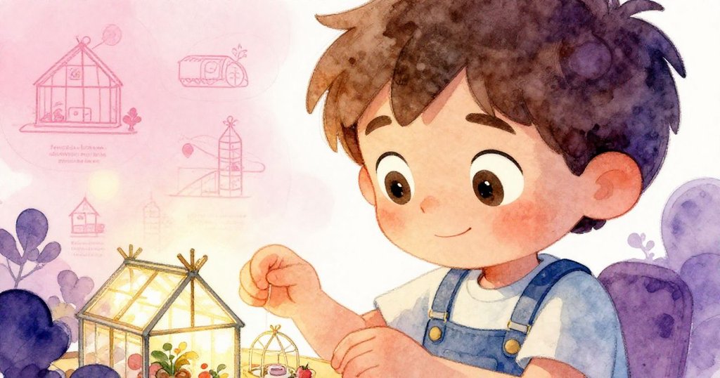 Milo專注檢視溫室組件,眼神堅定,工具在手,細緻描繪工作時刻。