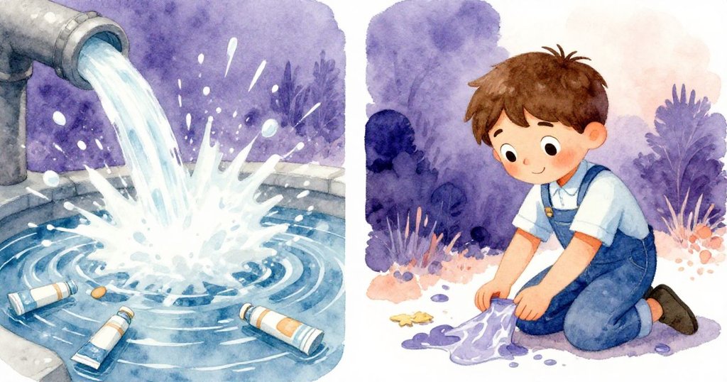 Milo忙碌修復灌溉系統,水滴濺起,散失的管線和濕潤零件呈現挑戰場面。