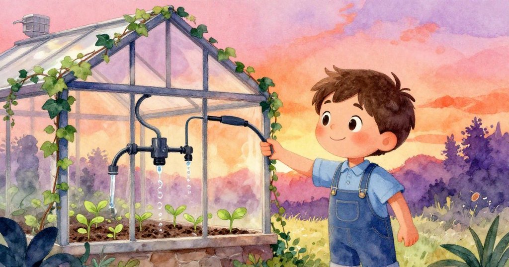 Milo滿足看著滴灌系統平穩運作,常青藤環繞著溫室,感受成功的喜悅。