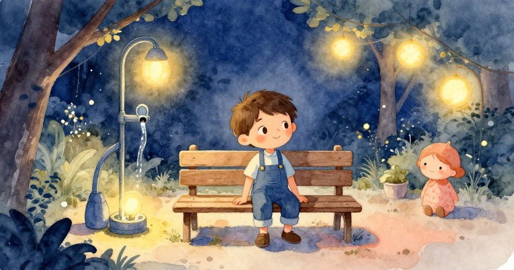 Milo在黃昏校院中靜坐休憩,滿足微笑,滴灌器靜默滴落,呈現圓滿結局。