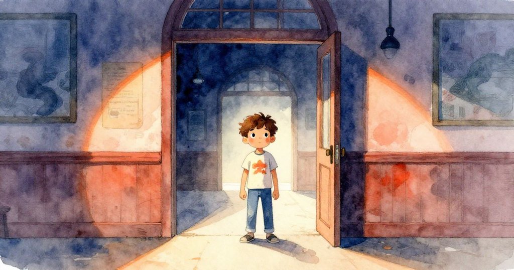 摩根站在老舊校堂大門前,呼出的氣息在涼空氣中凝結,臉上流露出好奇與期待,整體場景充滿神秘的光影。