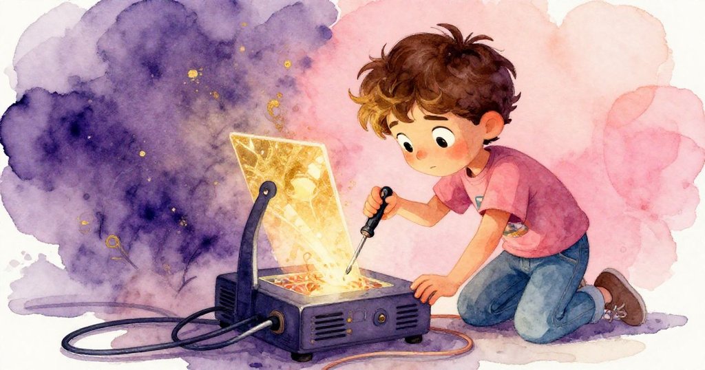 摩根俯身檢查昏暗投影機內錯綜電纜,手握螺絲刀神情專注,機械細節與空白背景營造出神秘緊張氣氛。