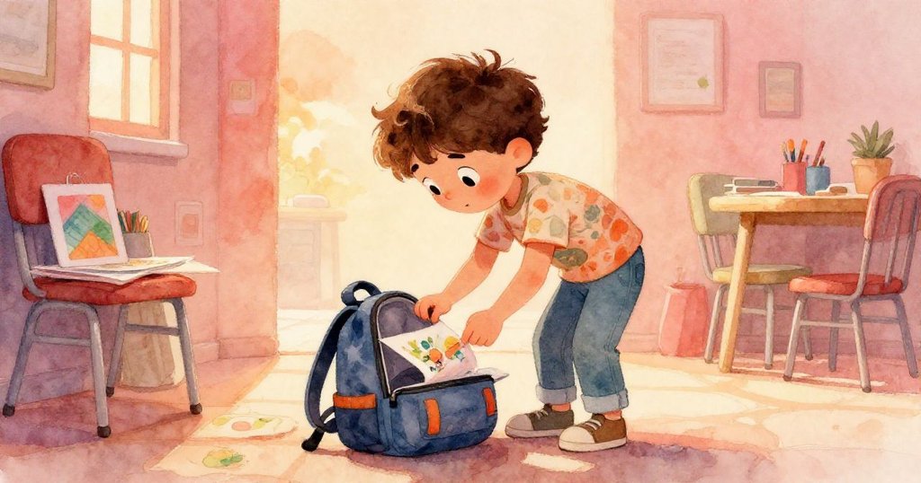 摩根在昏暗校堂中俯身查看敞開背包和彩色海報,動作靈活展現出發現驚喜的興奮與好奇心。