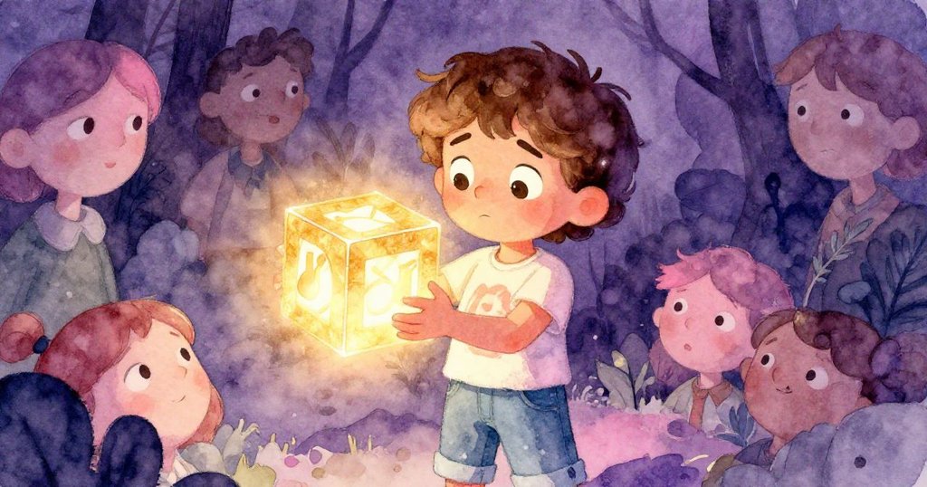 摩根小心拿起發光音樂方塊,凝視中充滿迷惑與決心,環境背景柔和突出情感與物件細節。