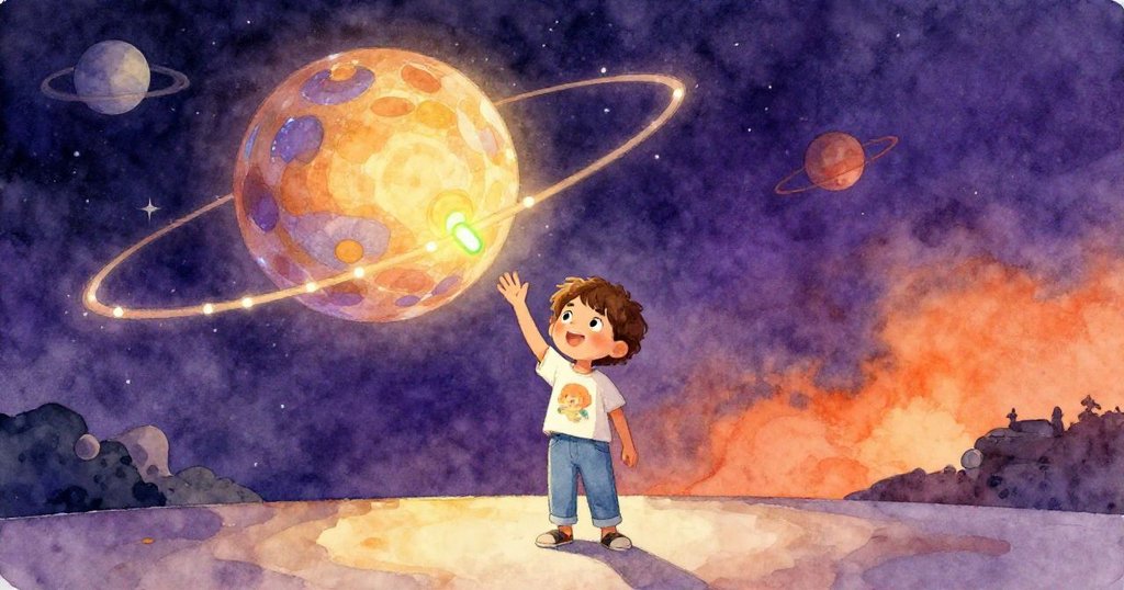 摩根站在舞台前向浮現的太陽系模型揮手告別,滿足與成就感溢於言表,整體光影營造出奇幻溫暖氛圍。