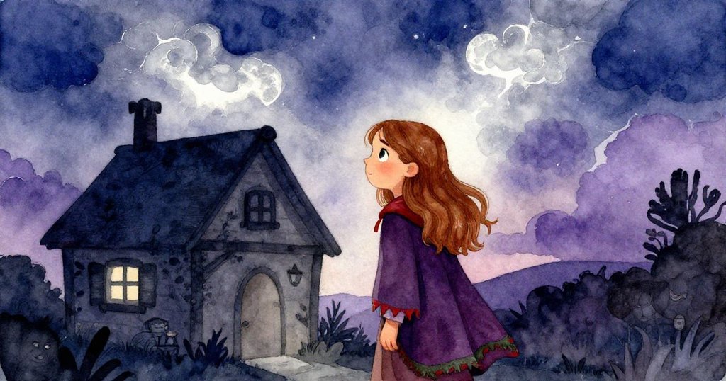 Leah離開小屋，身影在明亮夜空中展現，開放雲彩襯托魔幻氛圍，表情堅定充滿期待。