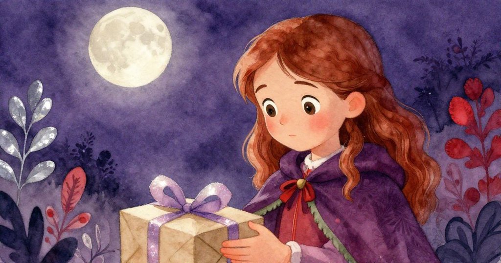 Leah仔細查看手中的包裹，發現閃亮緞帶，月光柔和映照其表情，充滿驚喜與懷舊感。