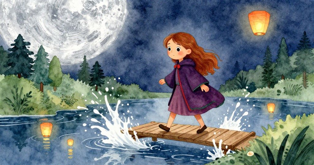 Leah小心行走在狹窄橋上，水面映出搖曳燈籠與月光，神秘夜色中表情謹慎充滿好奇。