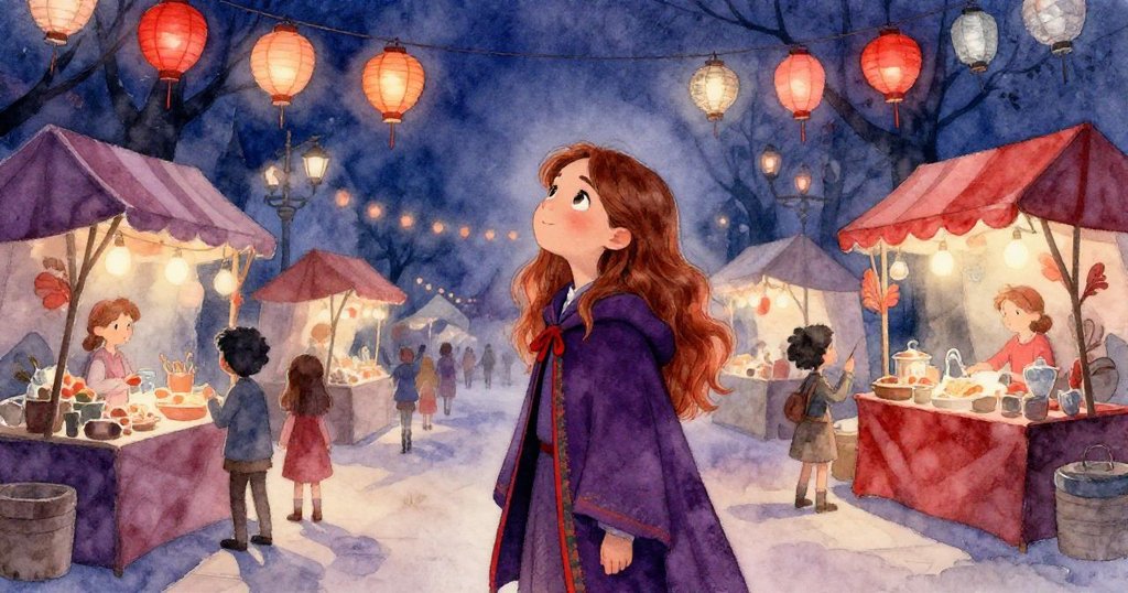 在夜市廣場中，Leah仰目看懸浮燈籠隨風搖曳，市場燈光柔和演繹季節變幻魔幻氣氛，充滿愉悅。