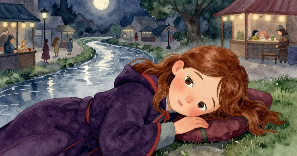 Leah在夜市中緩步休息，臉上流露寧靜滿足，微光映出柔和夜色，溪水低語完美收尾冒險。