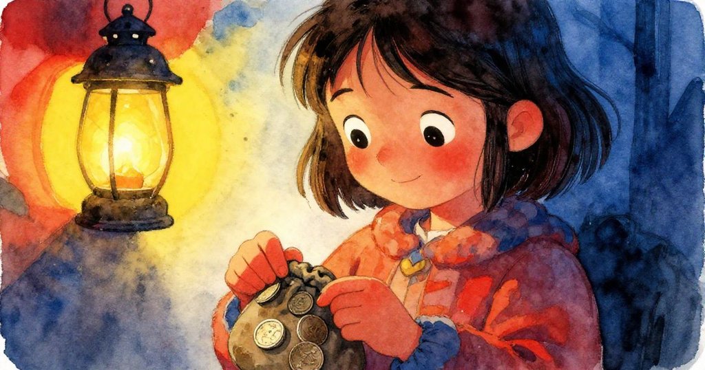 Mira細心打開懷中錢袋,手指輕觸散發溫暖燈光的硬幣,神情中流露出期待與輕微憂慮