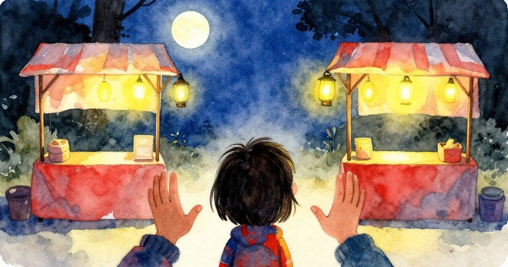 Mira目光望向空蕩攤位,架著輕薄布幕與無奈舉手攤販,月光與燈光交織下情緒複雜