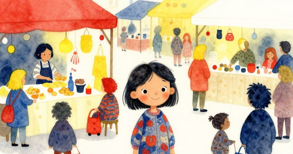 Mira憶起繁忙市場,攤販與顧客熱鬧互動,色彩柔和懷舊,充滿生活氣息與歡欣