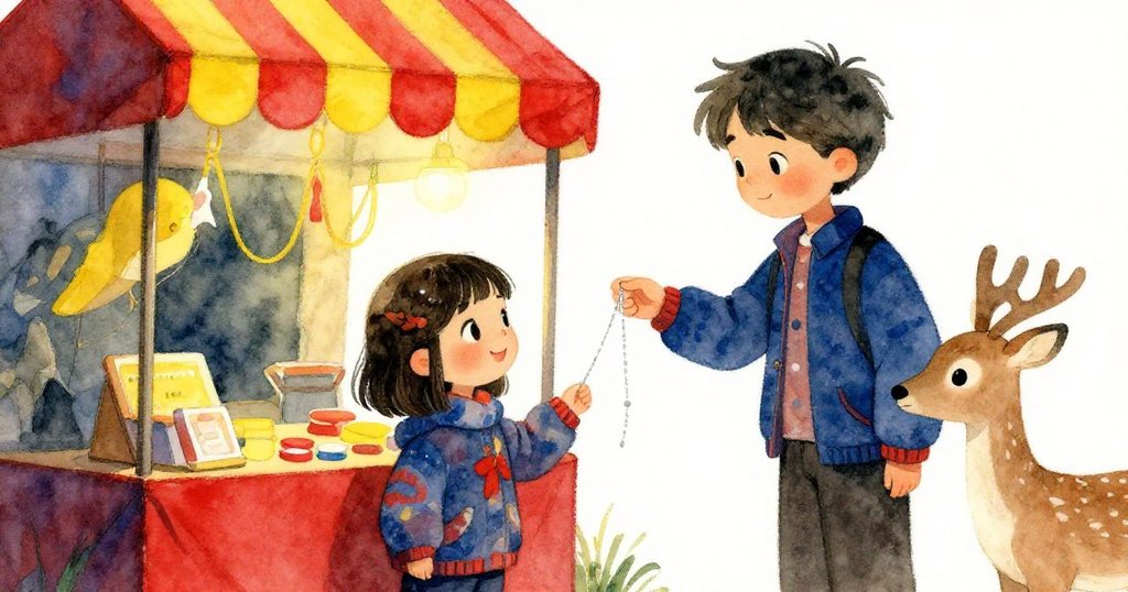 Mira驚喜接過溫柔琴師遞來閃亮銀線,背後小鹿靜靜陪伴,燈光下散發微妙魔幻感