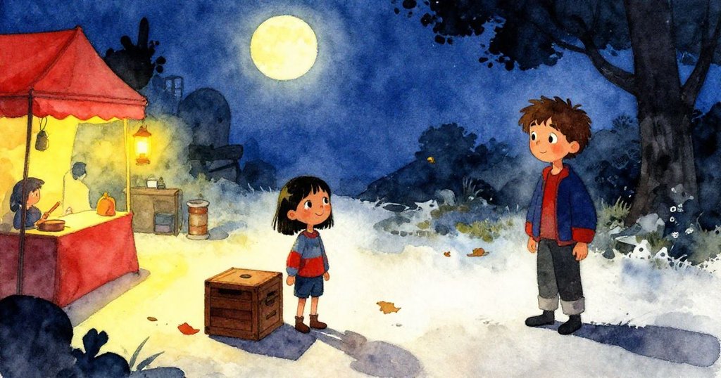 Mira靜立於空蕩月夜集市中,燈光映照空箱與散落落葉,心中流露出平靜與反思