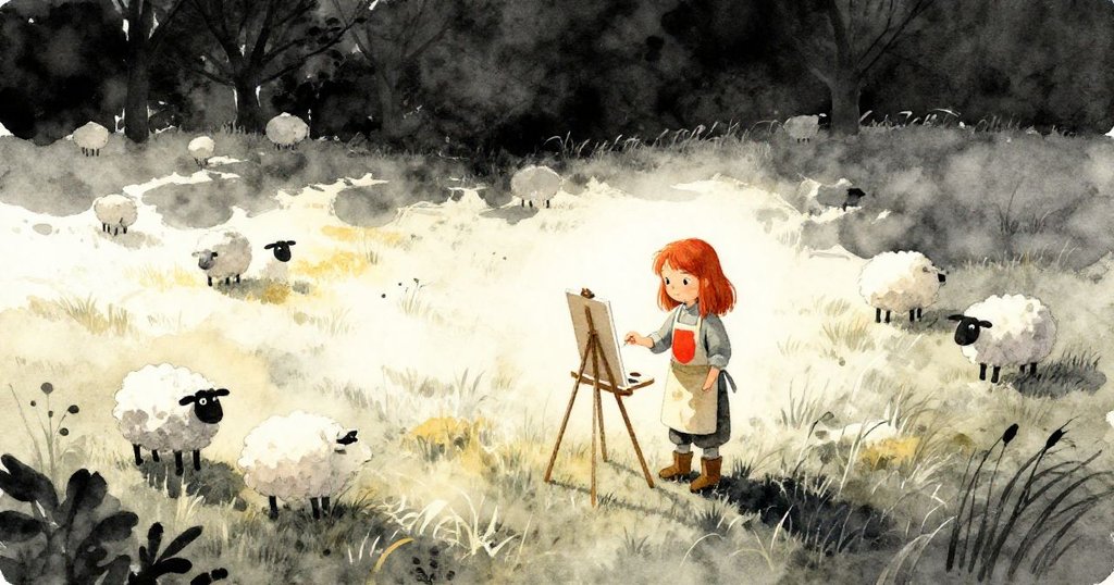 Maeve在曙光中擺放畫架，草地上有羊群，遠處森林蔚然，場景寧靜，充滿希望與期待。