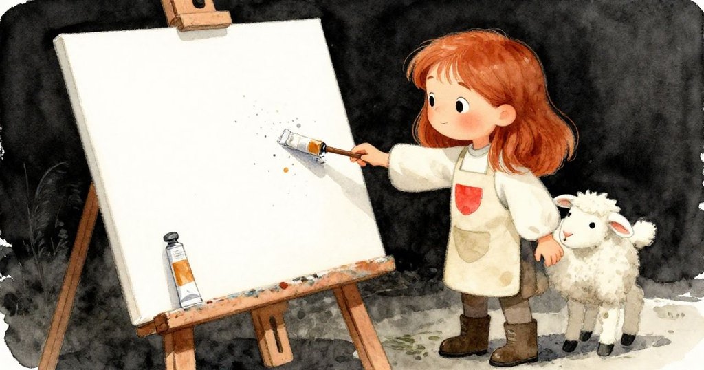 Maeve仔細檢查濕潤畫布與工具，旁邊的小羊輕觸畫架留下一點顏料，象徵創作中不期而遇的小挑戰。